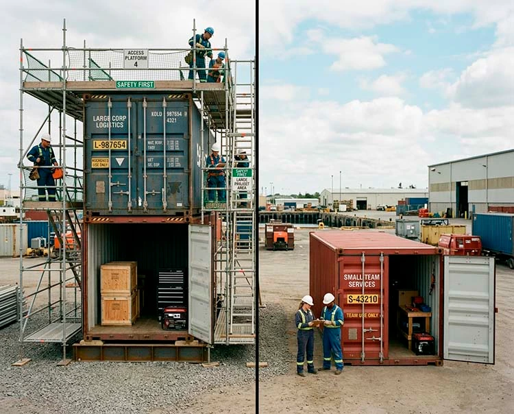 To fotos af et industriområde med containere indrettet som arbejdsstationer. Til venstre arbejder flere sikkerhedsklædte medarbejdere på og omkring en container med stillads og værktøj. Til højre står to medarbejdere foran en mindre container, der bruges som teamets service- og værktøjsområde.