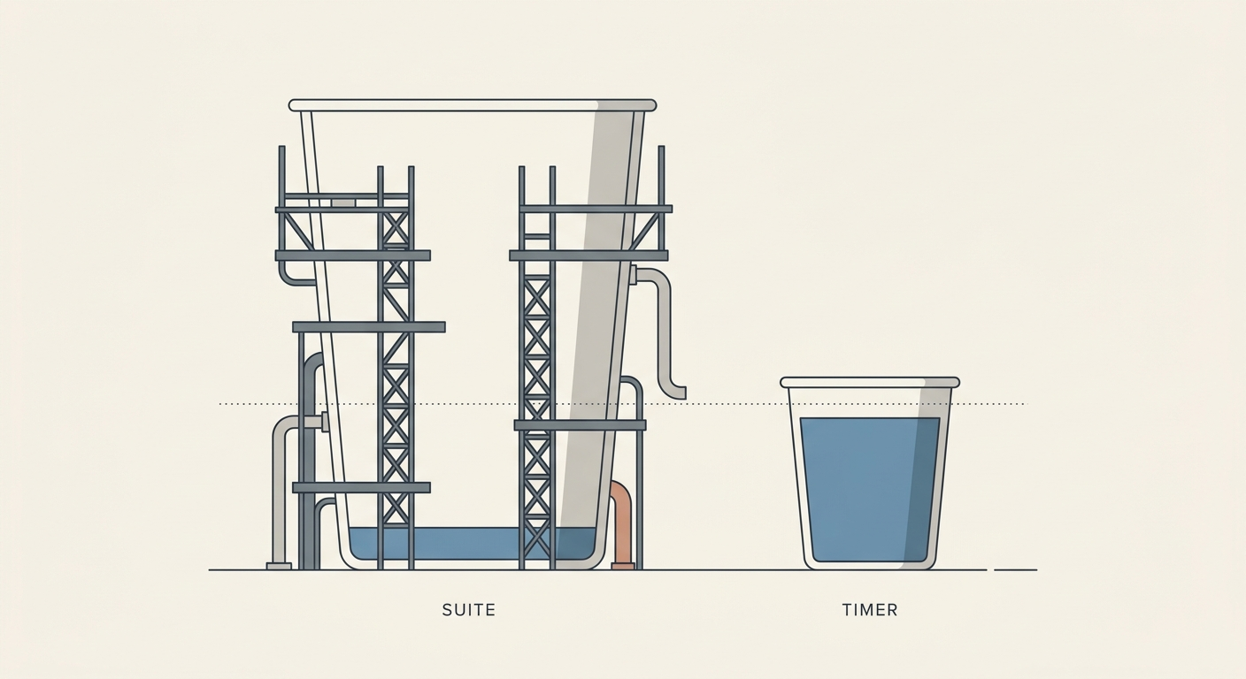 Two containers holding the same small amount of work: an oversized scaffolded one built for enterprises, and a plain right-sized one that fits a small team.