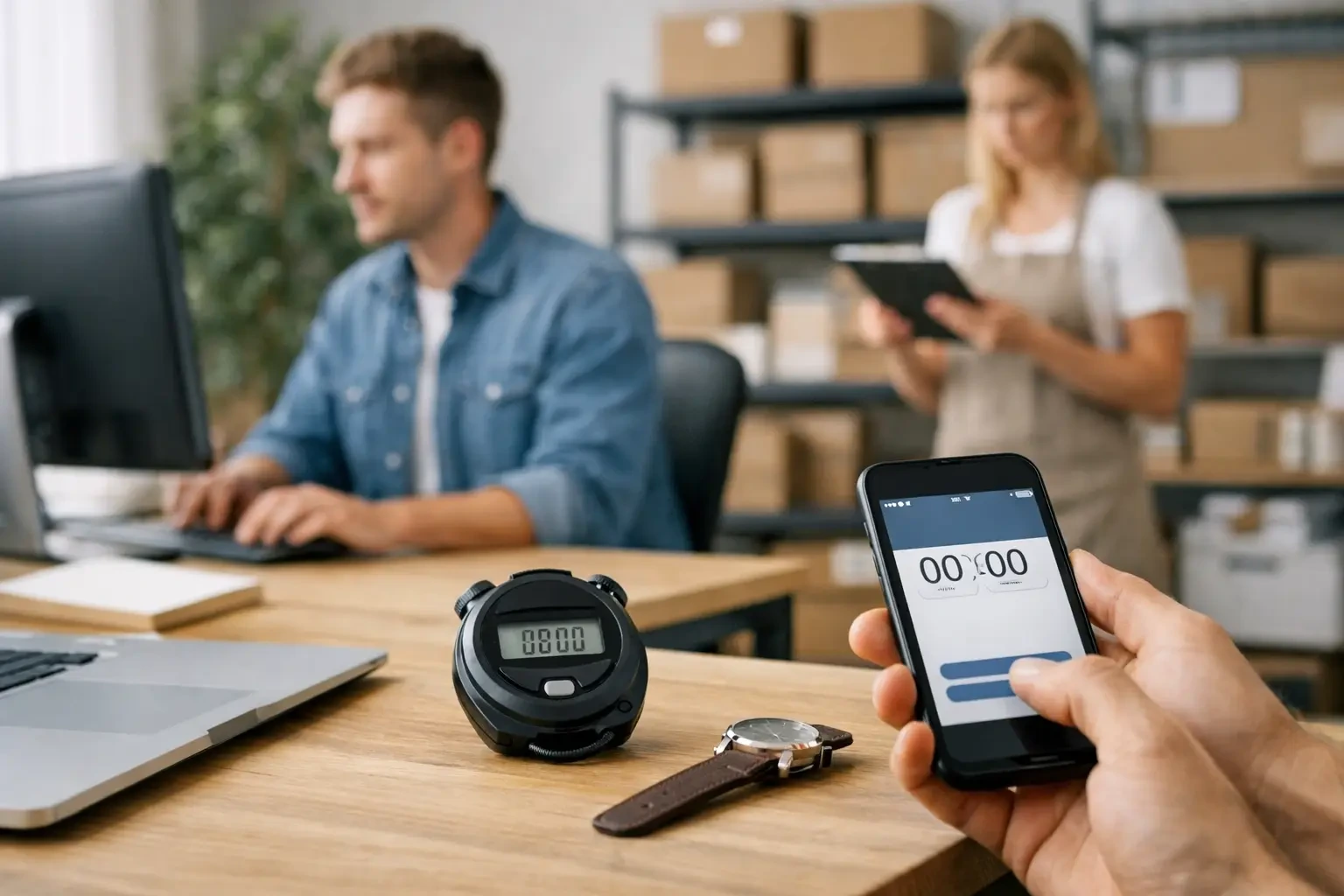 Billig tidsregistrering til små virksomheder med digital timer, smartphone og medarbejdere på kontor