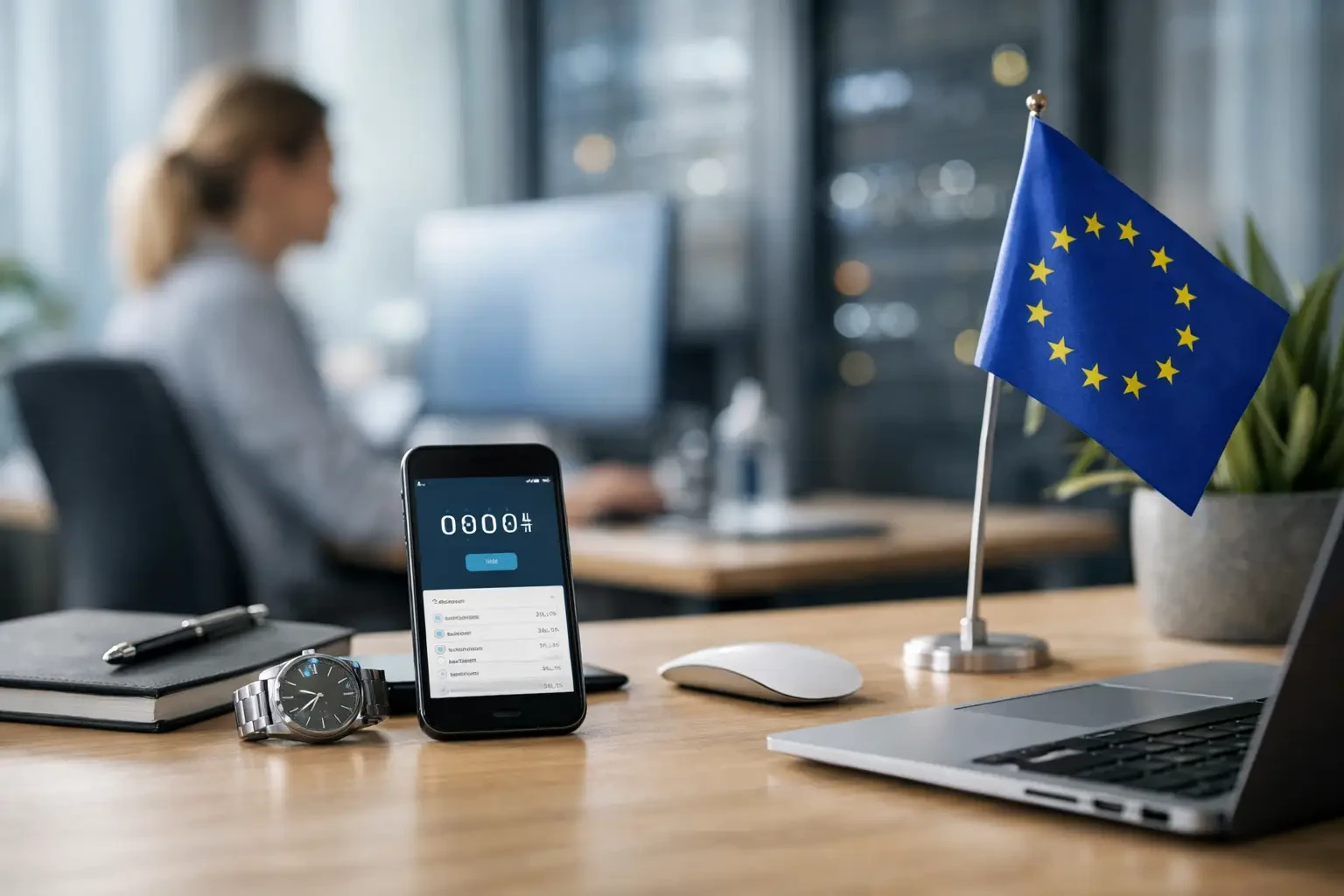Tidsregistrering på smartphone i et europæisk kontormiljø med EU-flag, laptop og ur, der illustrerer GDPR-venlig tidsregistrering uden overvågning.