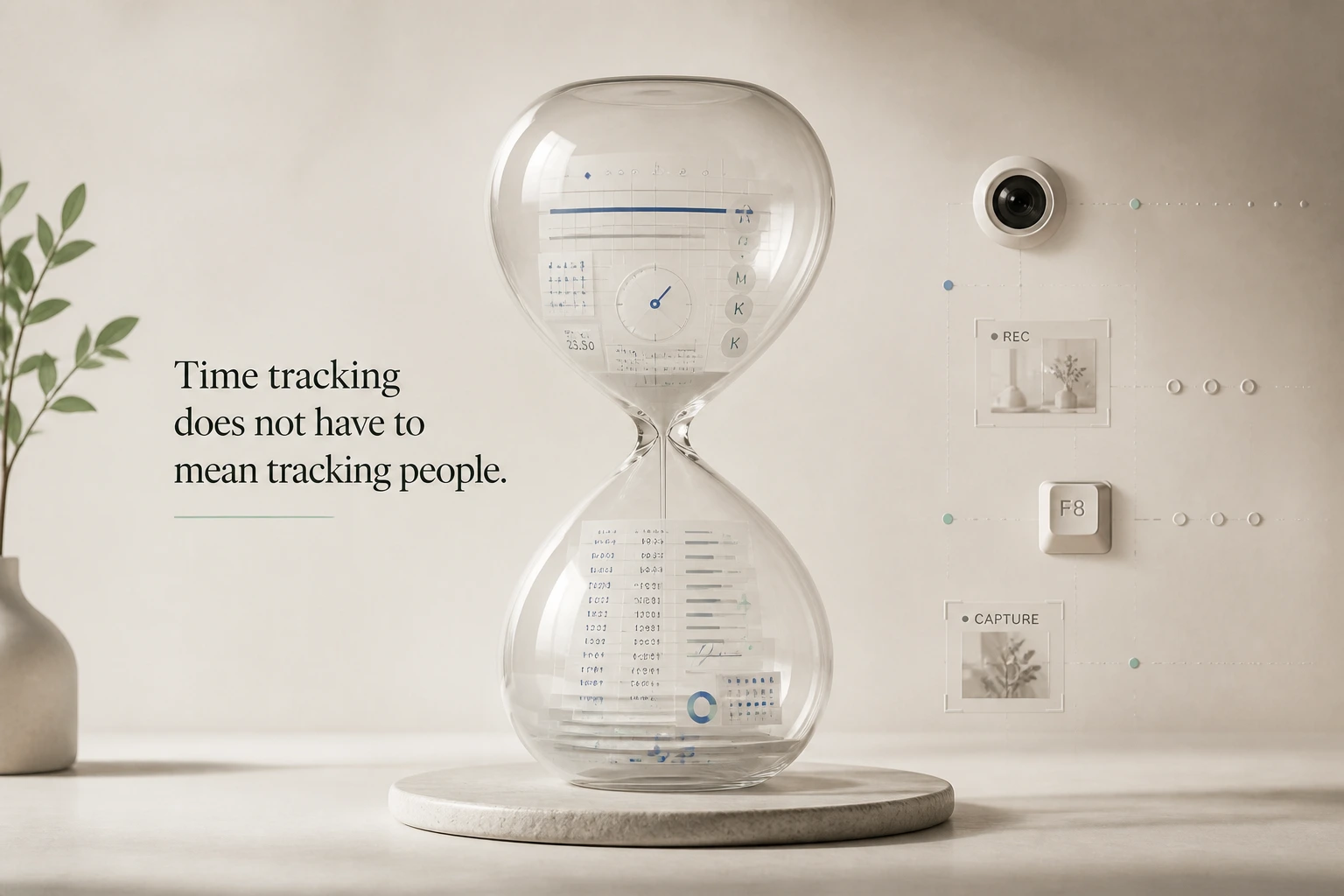 A glass hourglass filled with personal time-tracking data, symbolizing GDPR, employee privacy, and responsible time tracking without workplace surveillance.