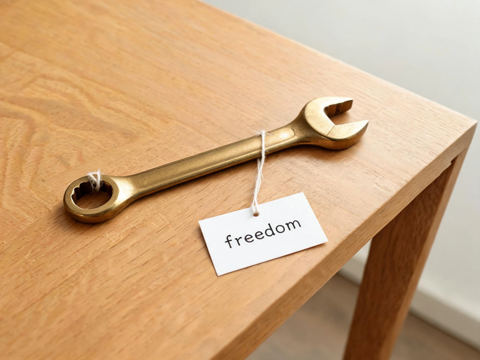En messingnøgle med et papirmærkat påskrevet "freedom" hængende på et træbord