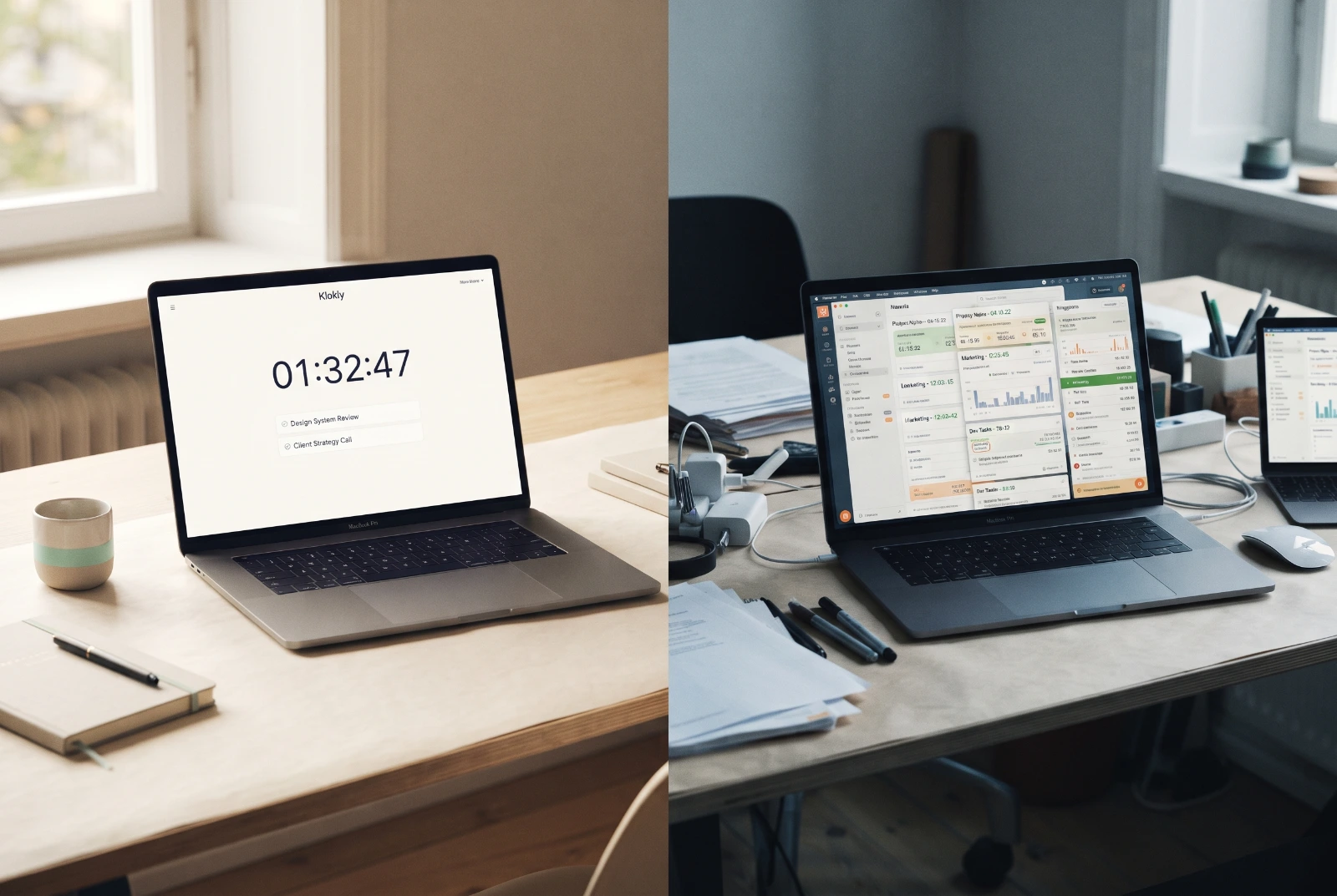 Klokly vs. Harvest – sammenligning af enkel og overskuelig tidsregistrering med en mere kompleks og informationsrig løsning.