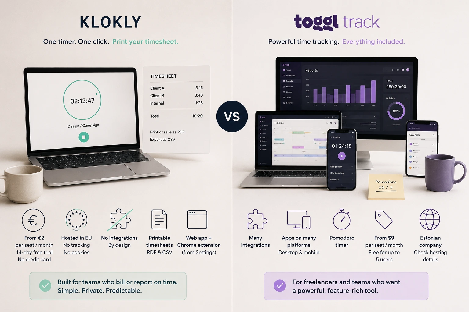Sammenligning af Klokly og Toggl Track som tidsregistreringsværktøjer, hvor Klokly fremhæves for enkelhed og timesedler, mens Toggl Track fremhæves for flere funktioner og integrationer.