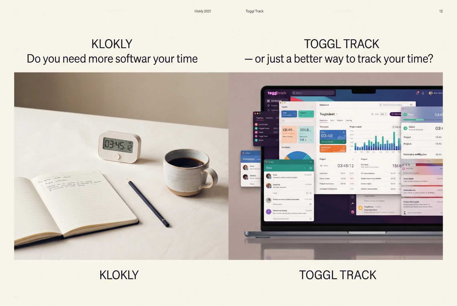 Two time-tracking interfaces side by side: a single running timer with a print-ready timesheet on one side, a wider dashboard with reports and integration icons on the other.