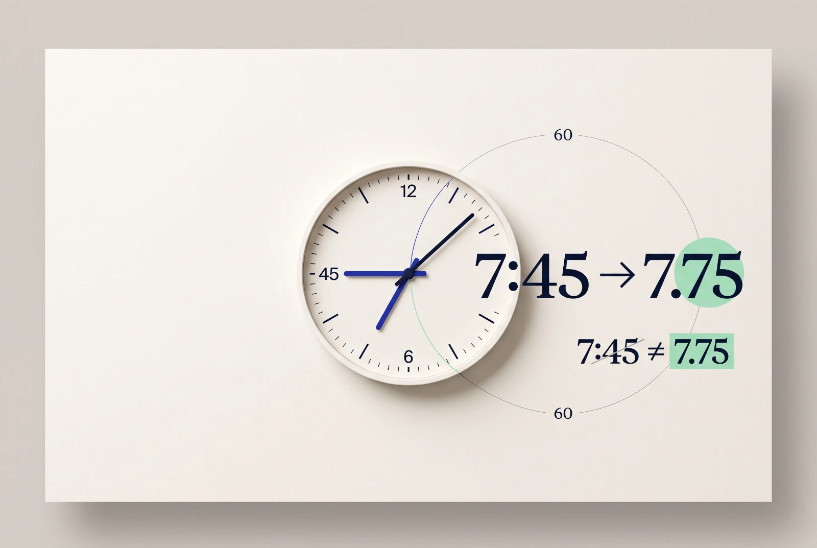 Illustration af tidsomregning, hvor 7 timer og 45 minutter omregnes til 7,75 decimaltimer – ikke 7,45.