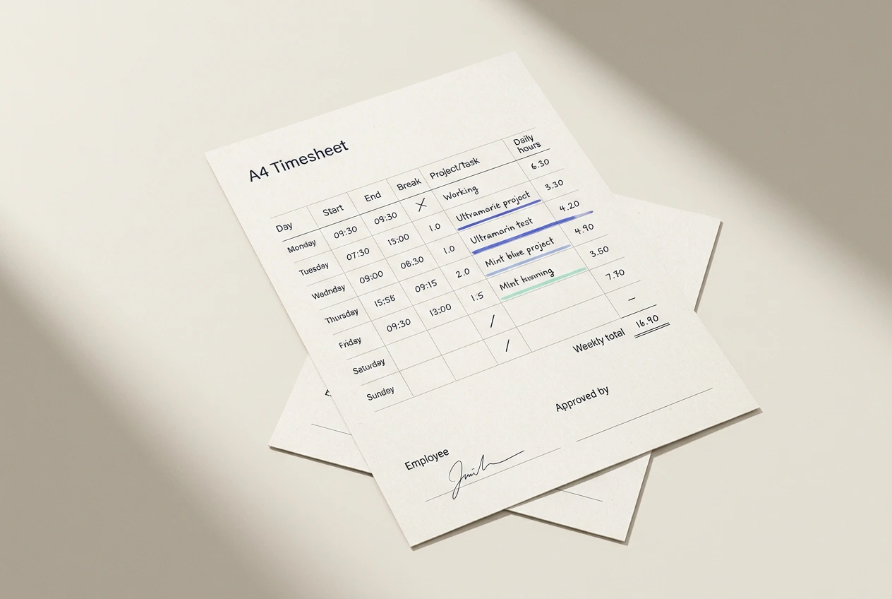 A minimalist weekly timesheet showing daily work hours, projects, breaks, totals, and approval fields, representing accurate and trustworthy time tracking.