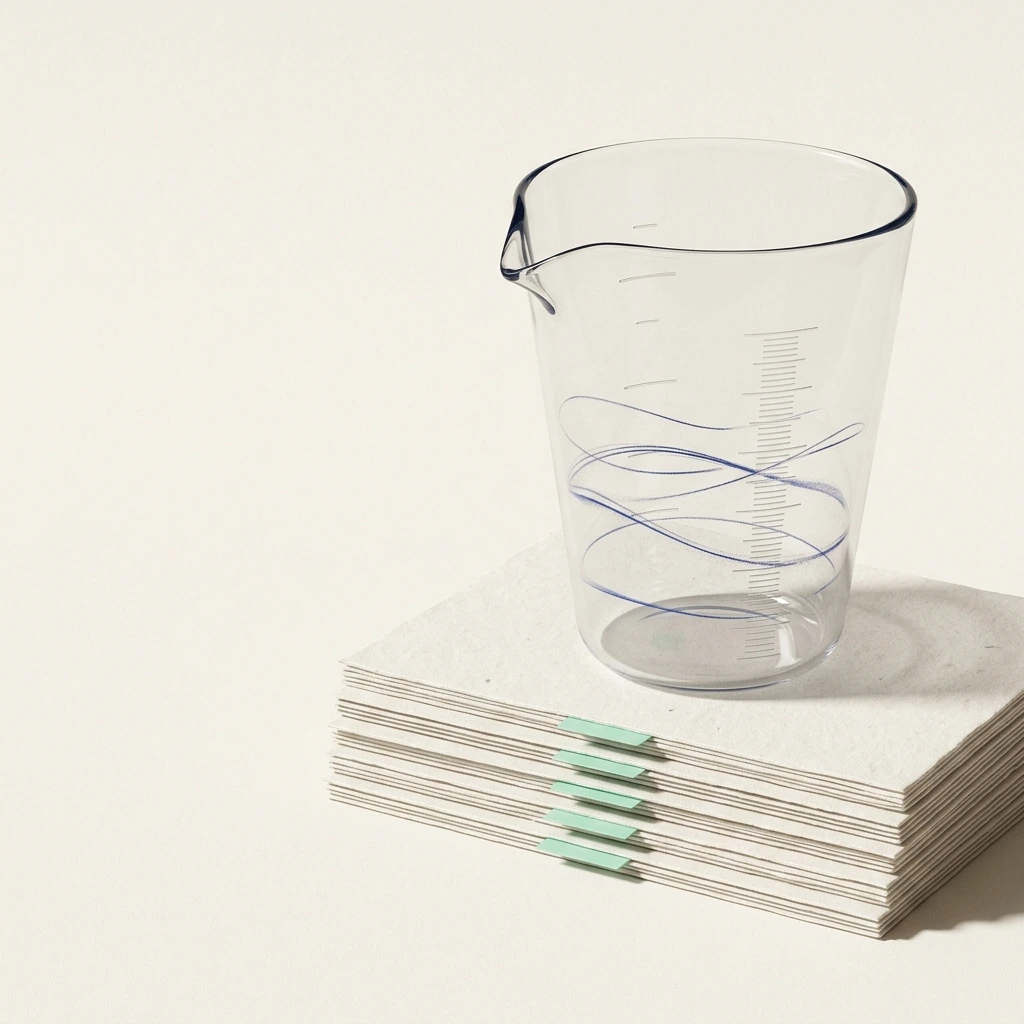 En minimalistisk illustration af arbejdstid, der registreres og opbevares sikkert, symboliseret med et gennemsigtigt måleglas med tydelige markeringer.