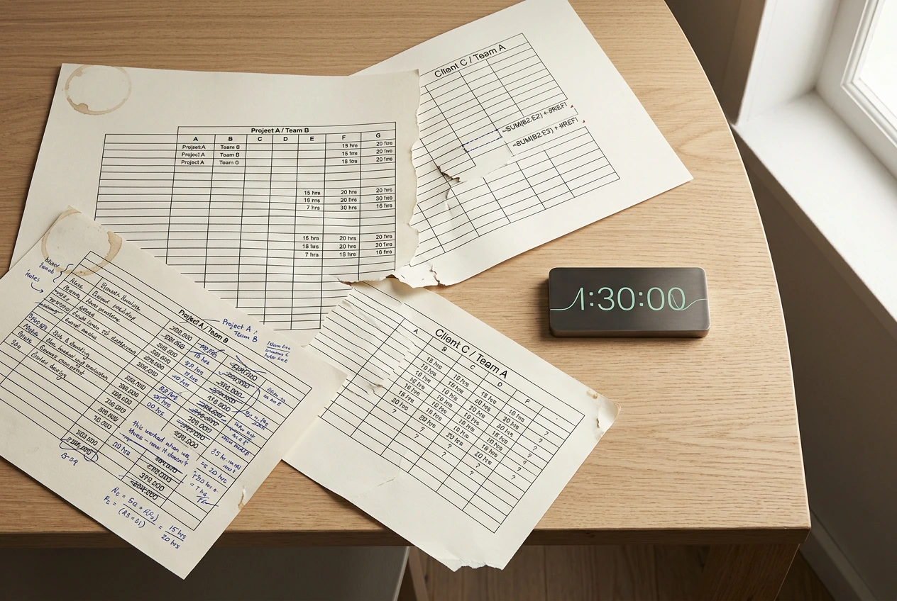 A spreadsheet breaking into multiple versions, symbolizing the problems small teams face when tracking time manually.