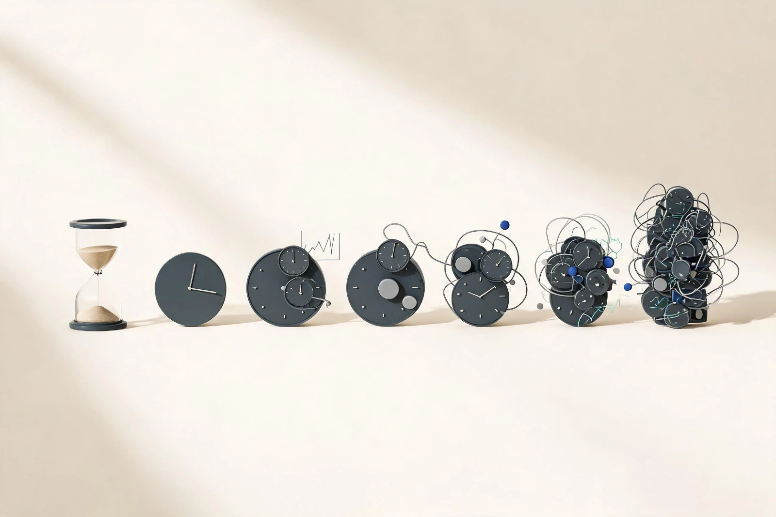 Seven time-tracking concepts compared side by side, from complex and intrusive tracking tools to a simple, calm timer representing privacy-focused time tracking.